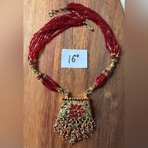 Elegant VTG Seed Bead Beaded Floral Flower Red and Gold Tone Necklace